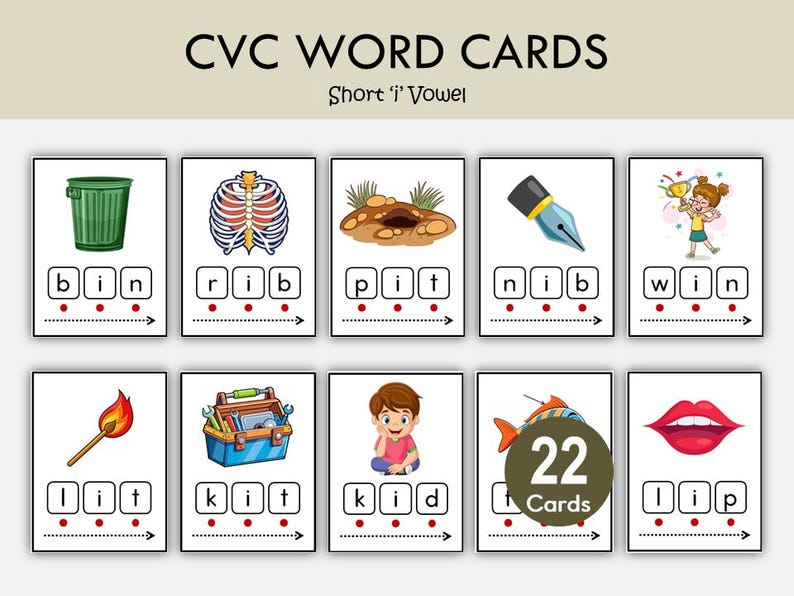CVC Words Picture Flashcards Printable | Phonics Blending Cards | Short Vowel Reading Practice for Kids image 4