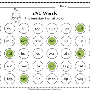 May include: A black and white illustration of a cat with a green background. A worksheet with the title "CVC Words" and instructions to "Find and dab the -at words". The worksheet has 4 rows of 8 circles, each containing a word. The words with the -at sound are highlighted in green.
