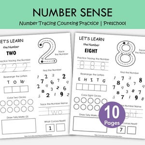 Puede incluir: Dos páginas blancas con el texto "NUMBER SENSE" y "Number Tracing Counting Practice | Preschool". Las páginas presentan ejercicios de trazado de números, conteo y reorganización de letras para los números dos y ocho. Incluye 10 páginas.