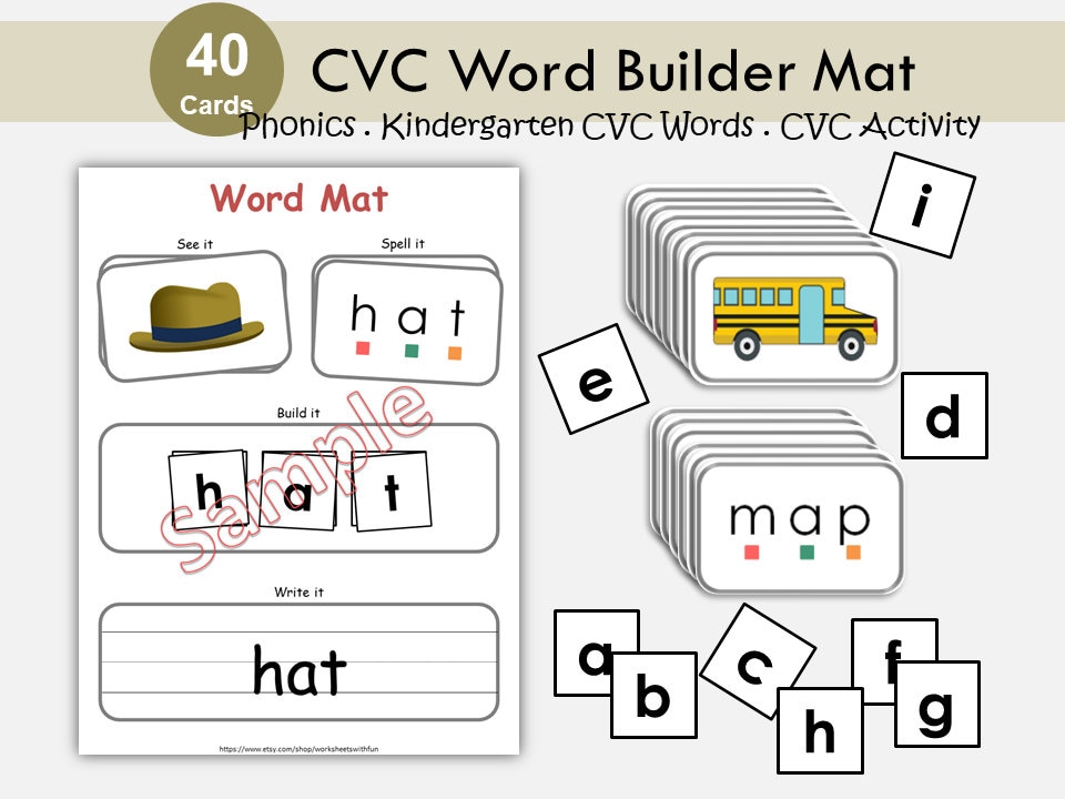 CVC Words, CVC Word Builder Mat, CVC Worksheet, Phonics Game, Learn To Read, Spelling & Writing Practice, Preschool, Kindergarten Printable