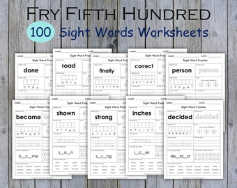 100 Printable Sight Words Worksheets, Fry Fifth Hundred Sight Word Work, Learn to Read, Phonics Practice Book, Toddler Spelling, Grade 1,2