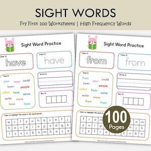 Puede incluir: Dos hojas de trabajo blancas con el texto "Sight Words" y "Fry First 100 Worksheets". Cada hoja de trabajo tiene ejercicios de práctica de palabras de uso frecuente, incluyendo trazos, escritura y búsquedas de palabras. Una pegatina circular dice "100 páginas".