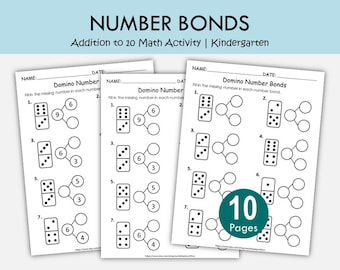Domino Number Bond Worksheets Printable, Addition to 10 Math Activity, Kindergarten Math Centers, Number Bonds PDF, Early Math Practice