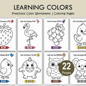 Puede incluir: Un conjunto de 22 hojas de trabajo y páginas para colorear preescolares imprimibles tituladas LEARNING COLORS. Cada página presenta un dibujo lineal en blanco y negro de un objeto o animal, el nombre del color y un icono de crayón etiquetado.