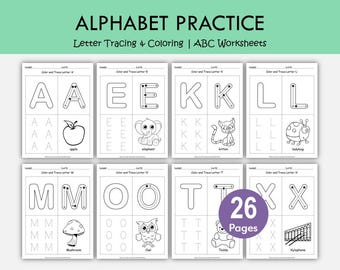 Alphabet Tracing and Coloring Worksheets Printable | ABC Letter Recognition for Preschool Pre-K Kindergarten