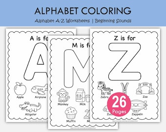 Alphabet Coloring Pages for Kids,  26 Printable ABC Letters with Easy Pictures, Preschool Worksheets, Letters Book, Kindergarten Activity