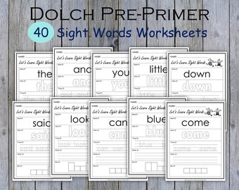 Sight Word Practice, Dolch Pre Primer 40 Sight Words Worksheets, Sight Words Bundle Printable, Kindergarten, Grade 1, Homeschool