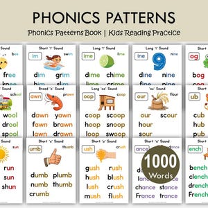 May include: A collection of educational phonics patterns charts titled PHONICS PATTERNS and Phonics Patterns Book | Kids Reading Practice. Each white card features specific letter combinations, colorful illustrations, and word lists for reading practice.