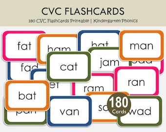 Tarjetas de vocabulario imprimibles con 180 palabras CVC, tarjetas de vocabulario con vocales cortas, tarjetas de vocabulario de fonética para jardín de infantes, centro de alfabetización de palabras CVC, PDF para aprender a leer