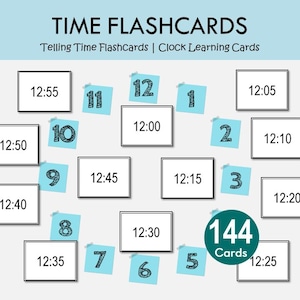 May include: Educational flashcards for learning to tell time. The cards display various clock times, including 12:55, 12:00, and 12:15, along with corresponding numbers. The set includes 144 cards, ideal for educational purposes.