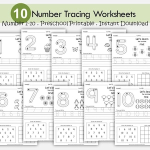 1-10 Number Tracing, Preschool Worksheet Printable, Handwriting Practice, Kindergarten Worksheets, Learning Numbers, Instant Download