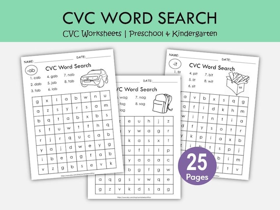 CVC Word Search Worksheets | Phonics Printables for Preschool & Kindergarten | Short Vowel Reading Practice