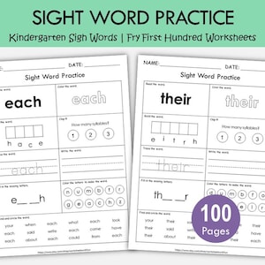 100 Printable Sight Words Worksheets for Kids | Fry First Hundred Sight Word Workbook | Preschool, Kindergarten, Grade 1 | Learn to Read