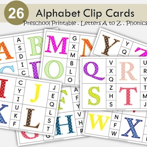 Alphabet Clip Cards Phonics, A-Z Letters Flashcards, Alphabet Matching Activity, Letter Sounds, Preschool Printable, ABC Cards, Kindergarten
