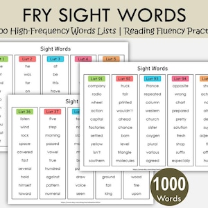 1000 palabras de uso frecuente para imprimir / Listas de palabras de alta frecuencia / Práctica de fluidez lectora