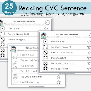 CVC Word Families Sentence Reading Worksheets | Kindergarten Roll and Read Activity Printable | 25 Short Vowel Words Pages for 1st Grade