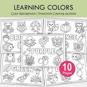 May include: A set of 10 printable coloring pages titled LEARNING COLORS, Color Recognition | Preschool Coloring Activity. Each page features black and white line art illustrations of animals, plants, and objects with their names printed below.
