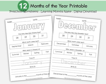 Months of the Year Worksheets Printable | Preschool & Kindergarten Calendar Time Activities | Trace, Write, Identify Seasons and Order