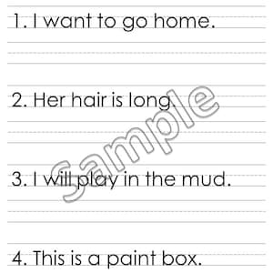 May include: A black and white worksheet with the title "Sentence Writing". The worksheet has four lines with numbers 1 through 4 and example sentences for children to practice writing.