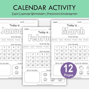 Puede incluir: Hojas de trabajo de actividades de calendario imprimibles en blanco y negro para preescolar y jardín de infancia. Las hojas de trabajo incluyen los meses de enero, febrero y marzo. Cada hoja de trabajo tiene una sección para escribir la fecha y rodear el clima. La imagen muestra 12 páginas.
