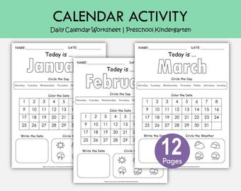 Daily Calendar Worksheets Printable, Preschool Calendar Time Activity, Weather Tracking, Date Writing Practice, Kindergarten Morning Work
