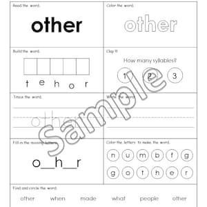May include: A black and white worksheet for practicing the sight word "other". The worksheet includes activities such as reading, building, tracing, writing, and finding the word in a list.