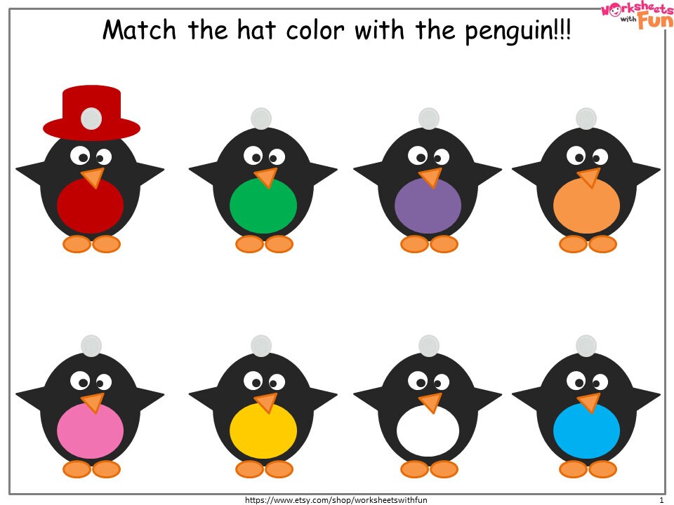 Color Matching Printable Penguin Hat Color Matching Game For | Etsy