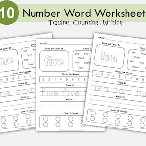 Numbers Worksheets, Learning Number Words 1-10, Preschool Worksheets Printable, Handwriting Practice, Kindergarten Math, Instant Download