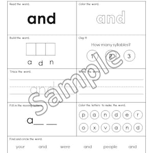 May include: Black and white printable worksheet for practicing the sight word "and". The worksheet includes activities such as reading, building, tracing, writing, and finding the word in a list.