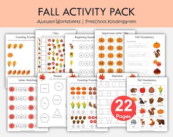 May include: A collection of fall-themed worksheets for preschool and kindergarten. The pack includes 22 pages with activities like counting, letter matching, and vocabulary, featuring pumpkins, leaves, and other autumn elements. The title "FALL ACTIVITY PACK" is displayed at the top.