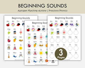 Könnte beinhalten: Drei weiße Seiten mit dem Text "Beginning Sounds" und Buchstaben. Jeder Buchstabe hat ein passendes Bild. Die Seiten sind für eine Vorschul-Phonik-Aktivität. Der Text "3 Pages" befindet sich in einem Kreis.