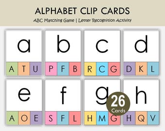 Alphabet Clip Cards Lowercase to Uppercase Matching Printable, Letter Recognition Activity, Preschool Kindergarten ABC Matching Game