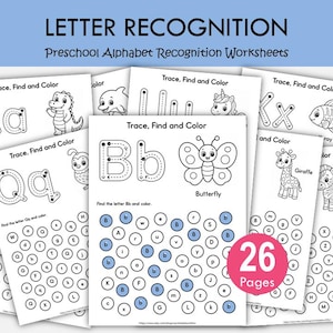 Könnte beinhalten: Eine Sammlung von 26 Seiten mit Arbeitsblättern zur Buchstabenerkennung für die Vorschule. Jede weiße Seite enthält einen großen Buchstaben zum Nachspuren, eine schwarz-weiße Tierillustration und ein Raster mit Kreisen zum Ausmalen.