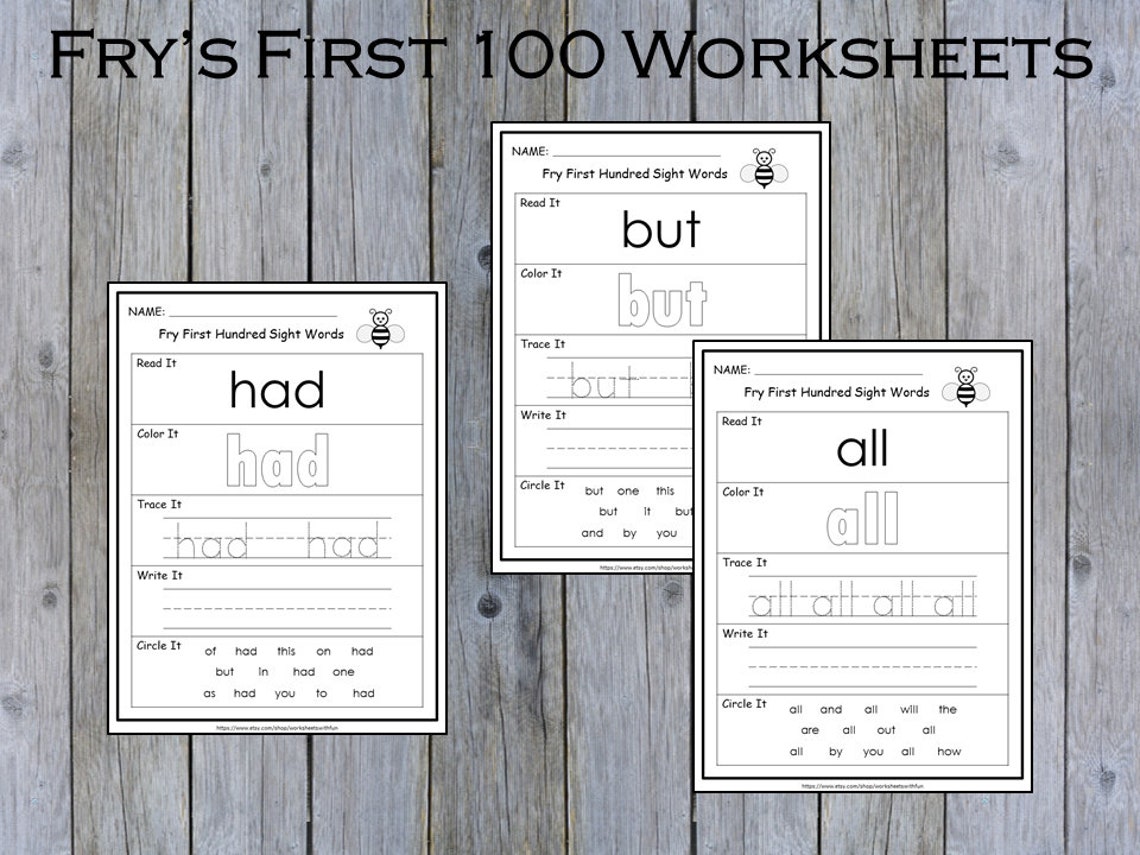 100 Printable Fry First Hundred Sight Words Worksheets for - Etsy