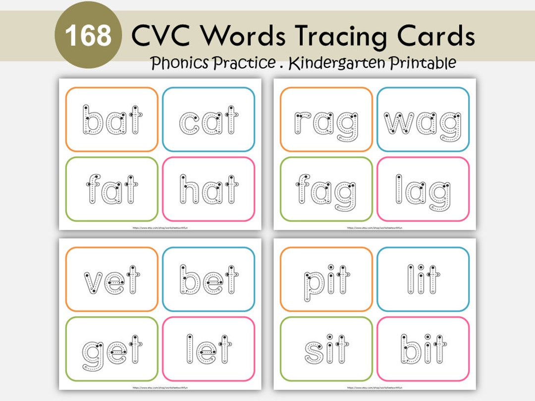 Phonics CVC Words Printable Tracing Cards for Kindergarten, CVC Word ...