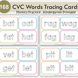Phonics CVC-woorden afdrukbare overtrekkaarten voor kleuterschool, CVC-woordfamilies spelling en lezen, werkmapprintables, Instant Download
