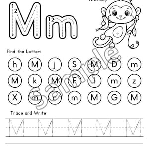 May include: Black and white worksheet for learning the letter "Mm". Includes tracing exercises for uppercase and lowercase letters, a matching game, and a drawing of a monkey. The worksheet is designed for early learners.