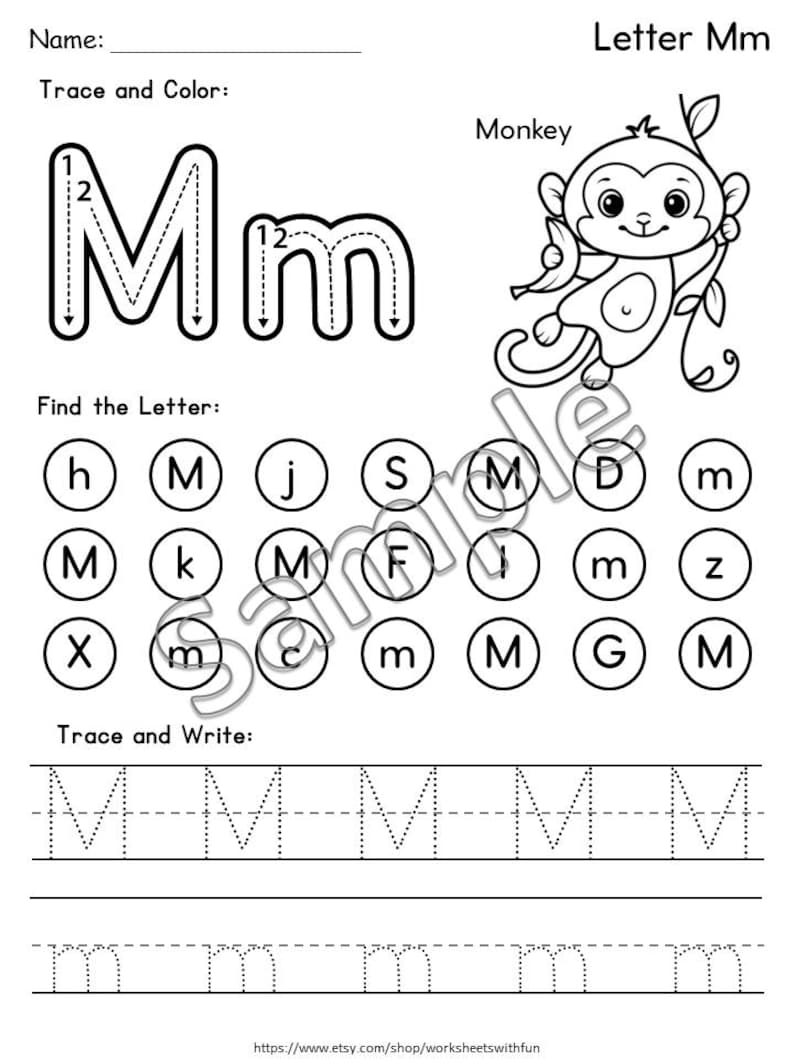 May include: Black and white worksheet for learning the letter "Mm". Includes tracing exercises for uppercase and lowercase letters, a matching game, and a drawing of a monkey. The worksheet is designed for early learners.