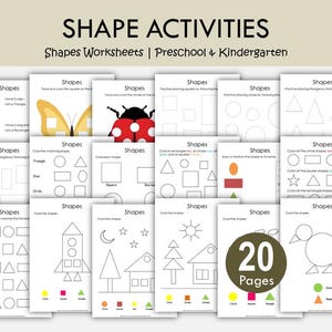May include: A collection of 20 educational worksheets titled SHAPE ACTIVITIES for preschool and kindergarten. The pages feature black and white line drawings of geometric shapes, including triangles, squares, rectangles, circles, and stars, alongside illustrations of a butterfly, ladybug, rocket, house, and bird for shape identification and colouring exercises.