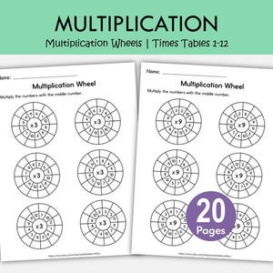 Puede incluir: Dos páginas blancas con ruedas de multiplicación para las tablas del 1 al 12. En la parte superior se lee "MULTIPLICATION" y "Multiplication Wheels | Times Tables 1-12". Cada página tiene ruedas de multiplicación con los números del 1 al 12.