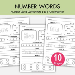 May include: Three white worksheets with number word exercises for kindergarten. The worksheets feature the words "one", "five", and "ten" in large print, with tracing and coloring activities. A pink circle indicates "10 Pages".