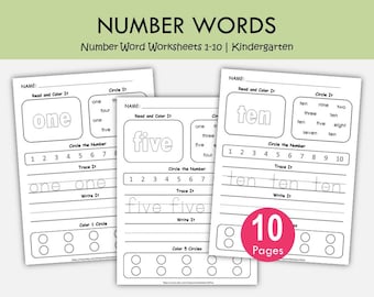 Number Word Worksheets 1-10 Printable | Number Recognition Activities | Trace Write Count Read Kindergarten Math Worksheets