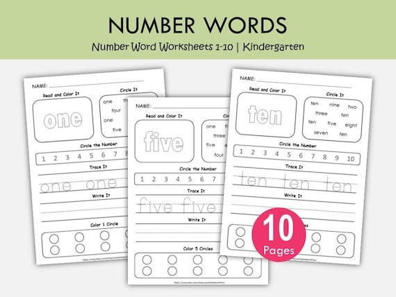 Number Word Worksheets 1-10 Printable | Number Recognition Activities | Trace Write Count Read Kindergarten Math Worksheets