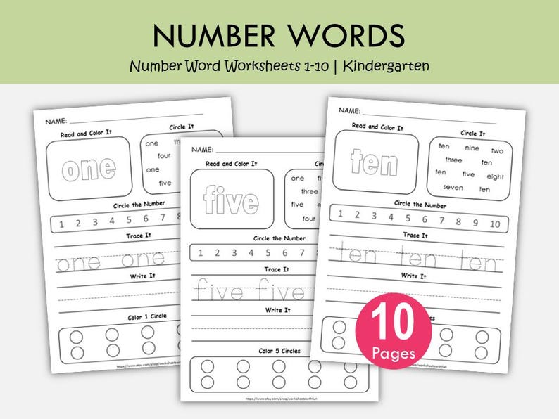 May include: Three white worksheets with number word exercises for kindergarten. The worksheets feature the words "one", "five", and "ten" in large print, with tracing and coloring activities. A pink circle indicates "10 Pages".