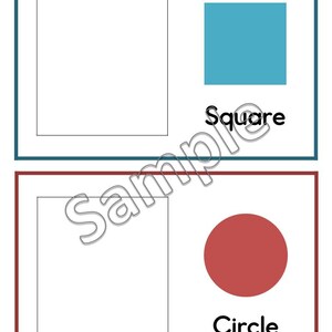 May include: A printable worksheet with two sections. The top section has a blank square and a blue filled-in square with the word "Square" below. The bottom section has a blank circle and a red filled-in circle with the word "Circle" below.