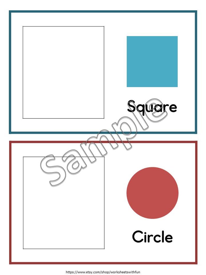 May include: A printable worksheet with two sections. The top section has a blank square and a blue filled-in square with the word "Square" below. The bottom section has a blank circle and a red filled-in circle with the word "Circle" below.