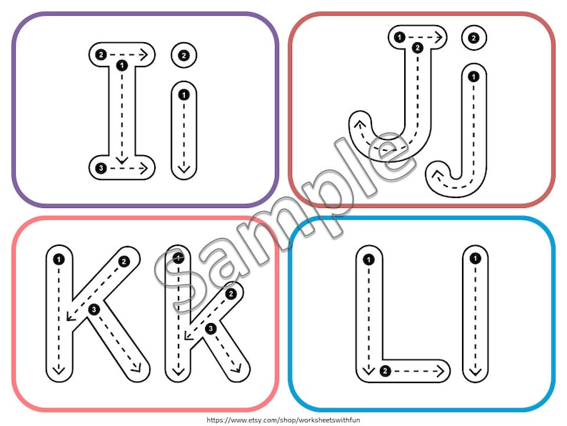 May include: A printable worksheet with four alphabet tracing cards for the letters I, J, K, and L. Each letter has a dotted line path with numbered arrows to guide the user in tracing the letter.