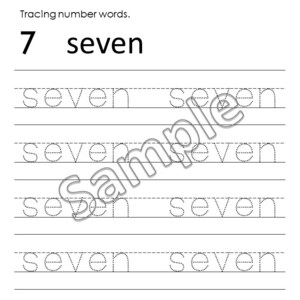 Pu&ograve; includere: Un foglio di lavoro in bianco e nero con il numero 7 e la parola "seven" stampati in alto. Il foglio di lavoro include linee per ricalcare la parola "seven". Il testo "Tracing number words" &egrave; anch'esso stampato.