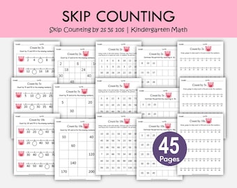 Skip Counting Worksheets 2s 5s 10s Printable, Kindergarten 1st Grade Counting Activities, Number Patterns Math Practice, 45 Pages PDF