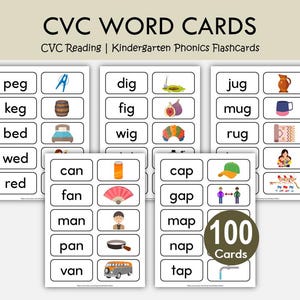 CVC Wörter lesen Printable | Montessori Phonics Karten | Kindergarten-Aktivität | CVC Word mit Objekten | Lerne lesen